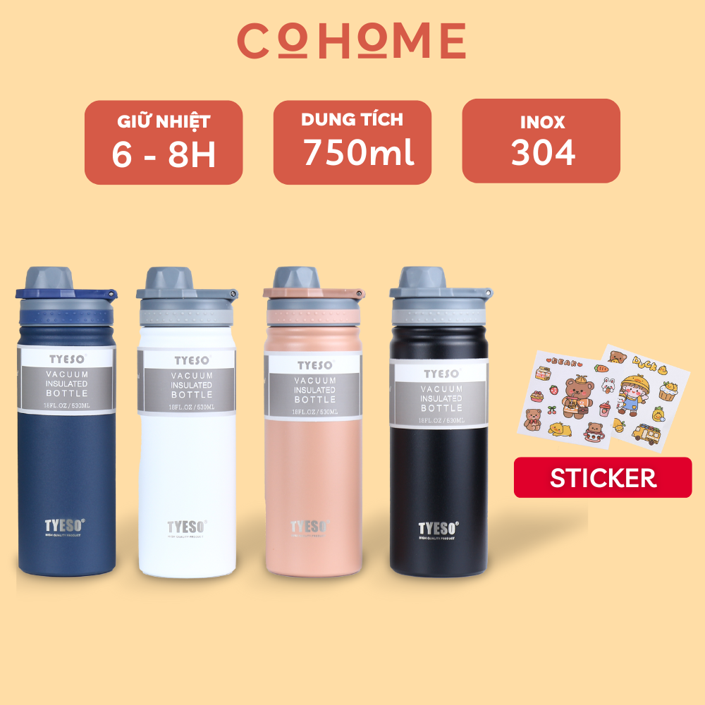 Bình giữ nhiệt tyeso 750ml có quai xách, inox 304 cao cấp, giữ nhiệt nóng - lạnh 8h