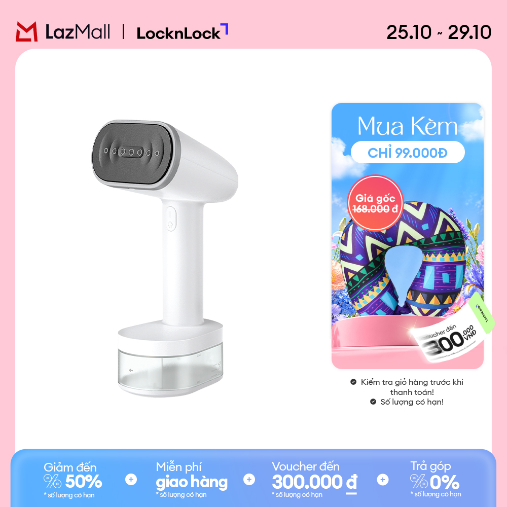 ENI223WHT - Bàn ủi hơi nước cầm tay LockLock - Làm nóng nhanh 30s, Mặt là sứ an toàn, 2 đầu chải đi kèm, tự làm sạch - BH 2 năm