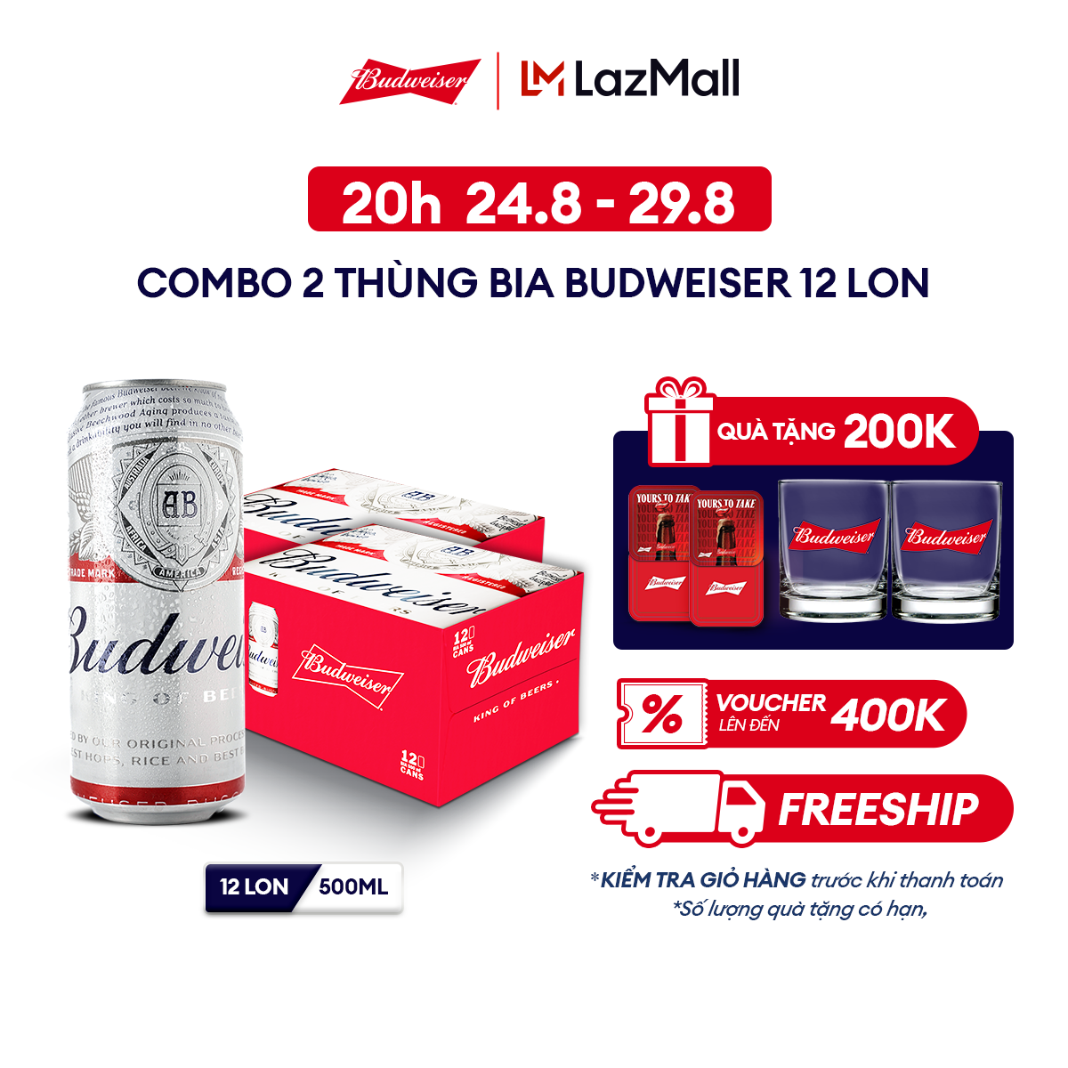 Combo 2 thùng 12 lon bia budweiser