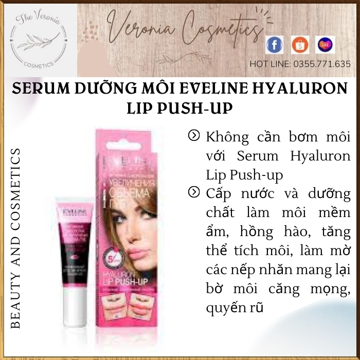 Serum dưỡng môi Eveline Hyaluron Lip Push-up tăng thể tích môi cho bờ môi căng mọng, quyến rũ