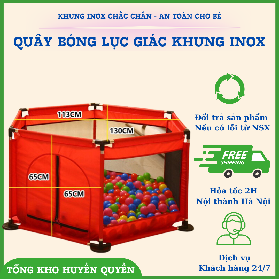 Quây bóng lục giác khung inox + tặng kèm 10 bóng nhựa, quây banh cho bé