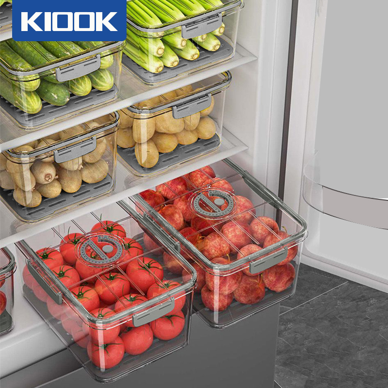 Kiook cao cấp hộp thực phẩm 2/5/7l, hộp đựng thực phẩm tách nước hình chữ nhật trong suốt vòng ghi chú thời gian bảo quản thông minh