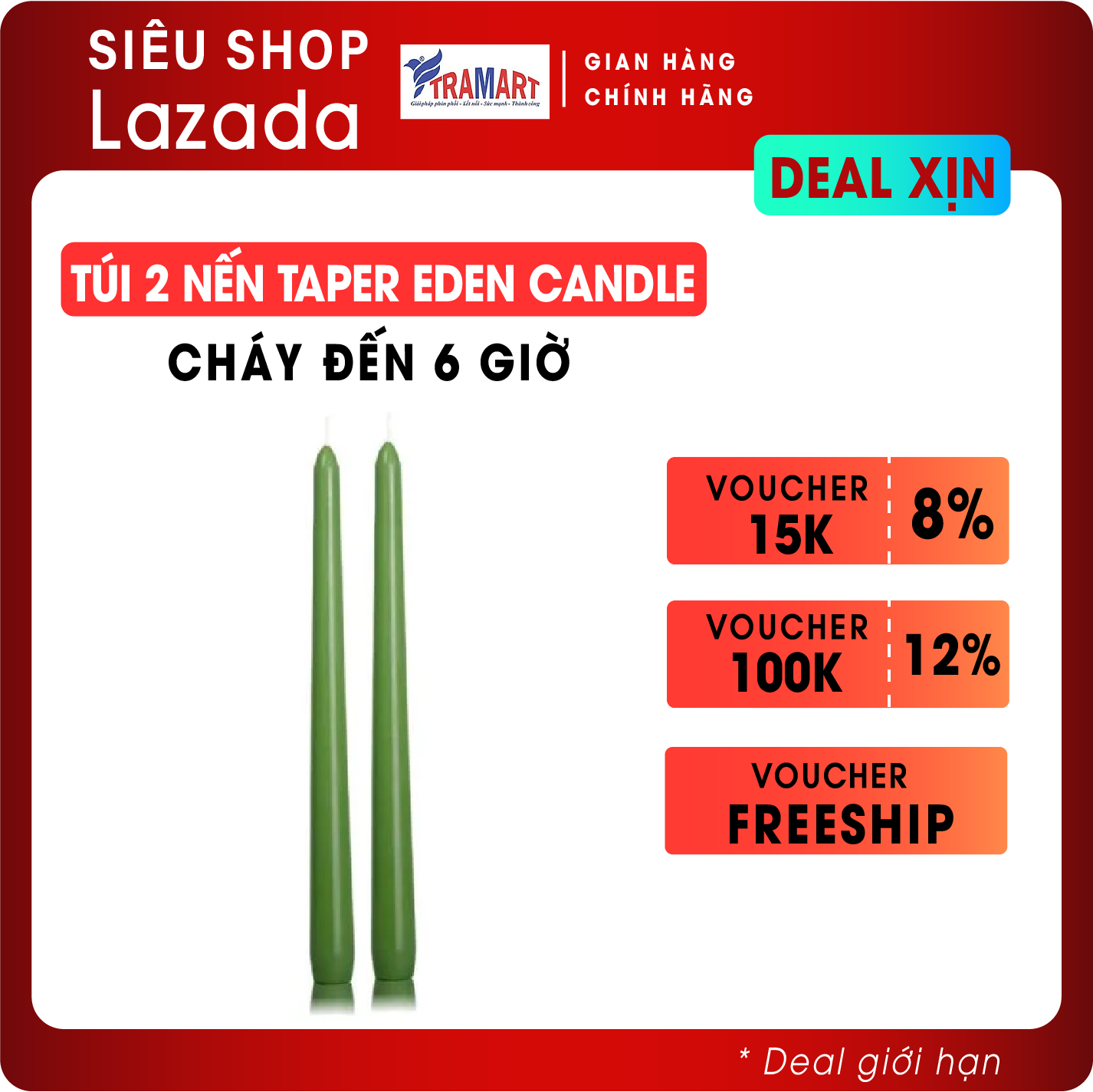 Nến thơm, Túi 2 nến taper Eden Candle FTRAMART EDC2300 cao 25cm (Xanh lá cây), phù hợp tất cả các chân nến theo tiêu chuẩn nến taper