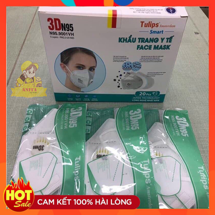 Khẩu trang tulips 3d n95 lọc bụi siêu mịn pm2.5 có van thở, hộp 20 cái