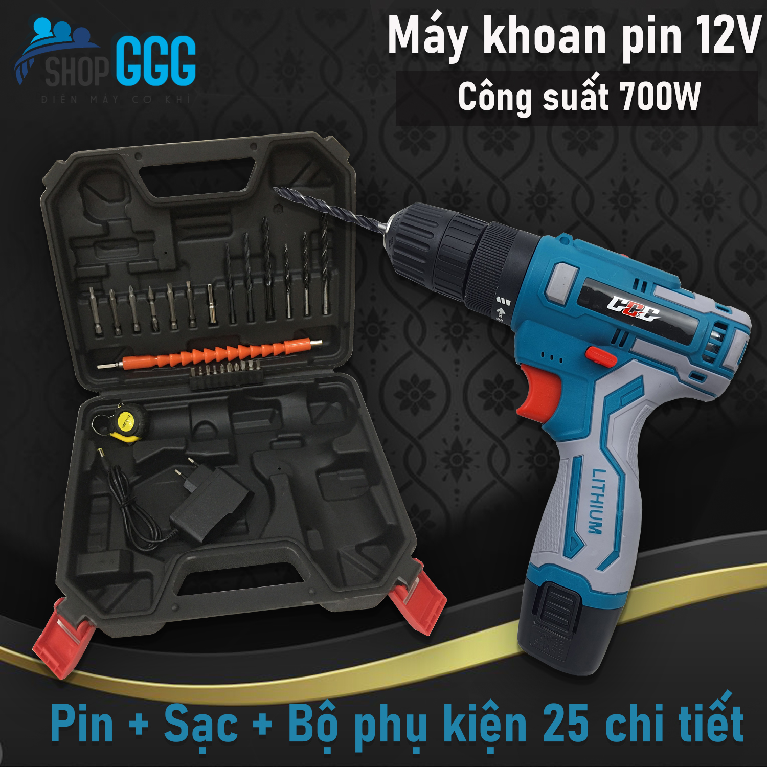 Máy khoan pin 18V chính hãng GGG 1012 - khoan bắt vít không dây có đảo chiều, đèn led - khoan sắt, khoan gỗ  | BỘ MÁY 1 PIN KÈM SẠC