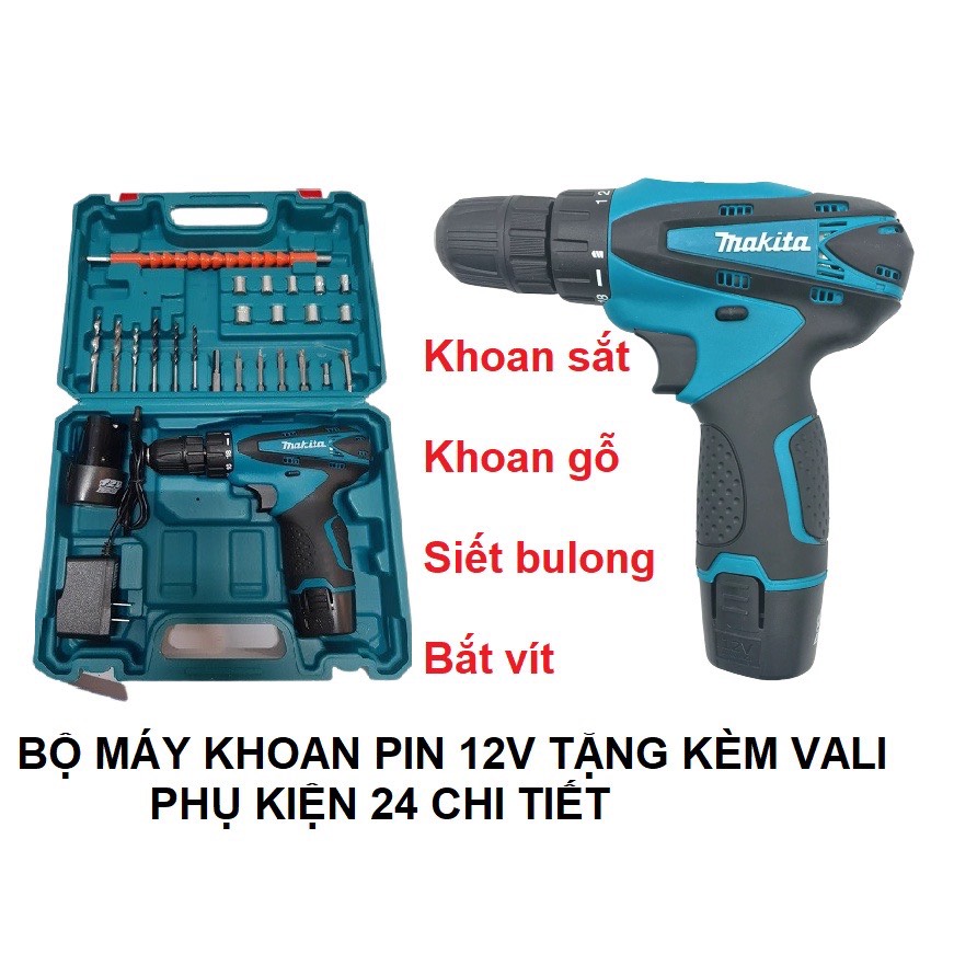 Khoan pin bắt vít 12v có đảo chiều tặng bộ phụ kiện 24 món