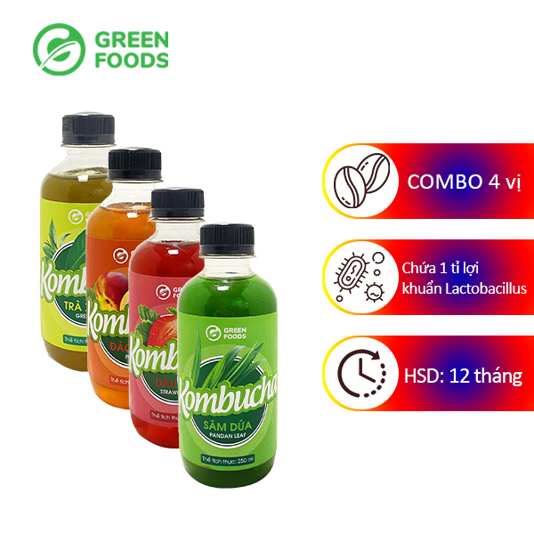 Combo trà kombucha 4 vị: dâu, đào, trà xanh, sâm dứa - 250ml/chai