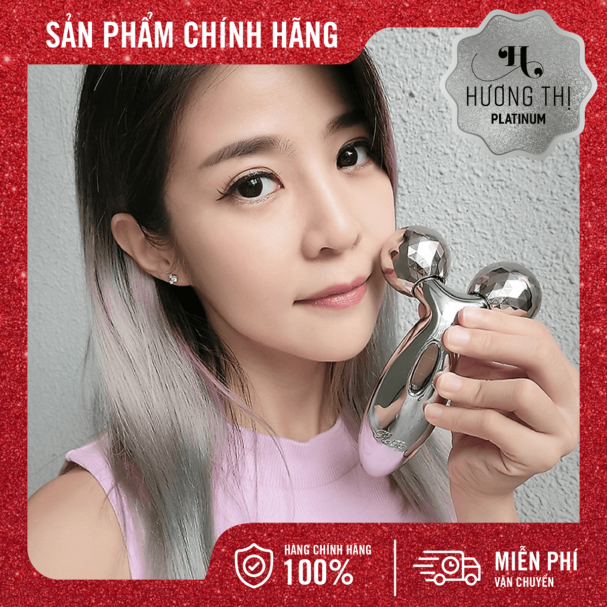 Cây lăn massage mặt v-line 3d cầm tay inox