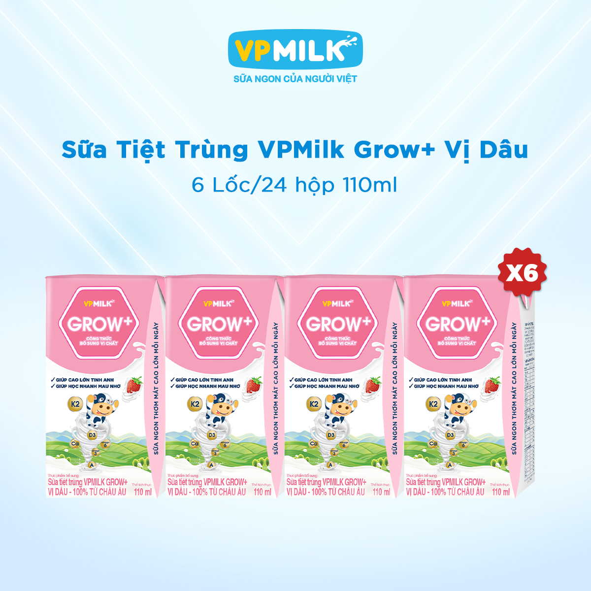 [6 Lốc Hộp 110ml] Sữa Tiệt Trùng VPMilk Grow+ Vị Dâu Cho Bé Từ 1 Tuổi