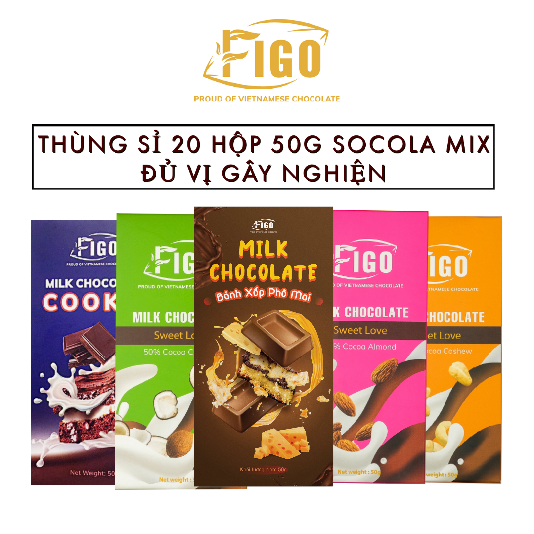 Kẹo socola sữa bánh cookie, hạnh nhân, hạt điều, dừa, không nhân 50g FIGO