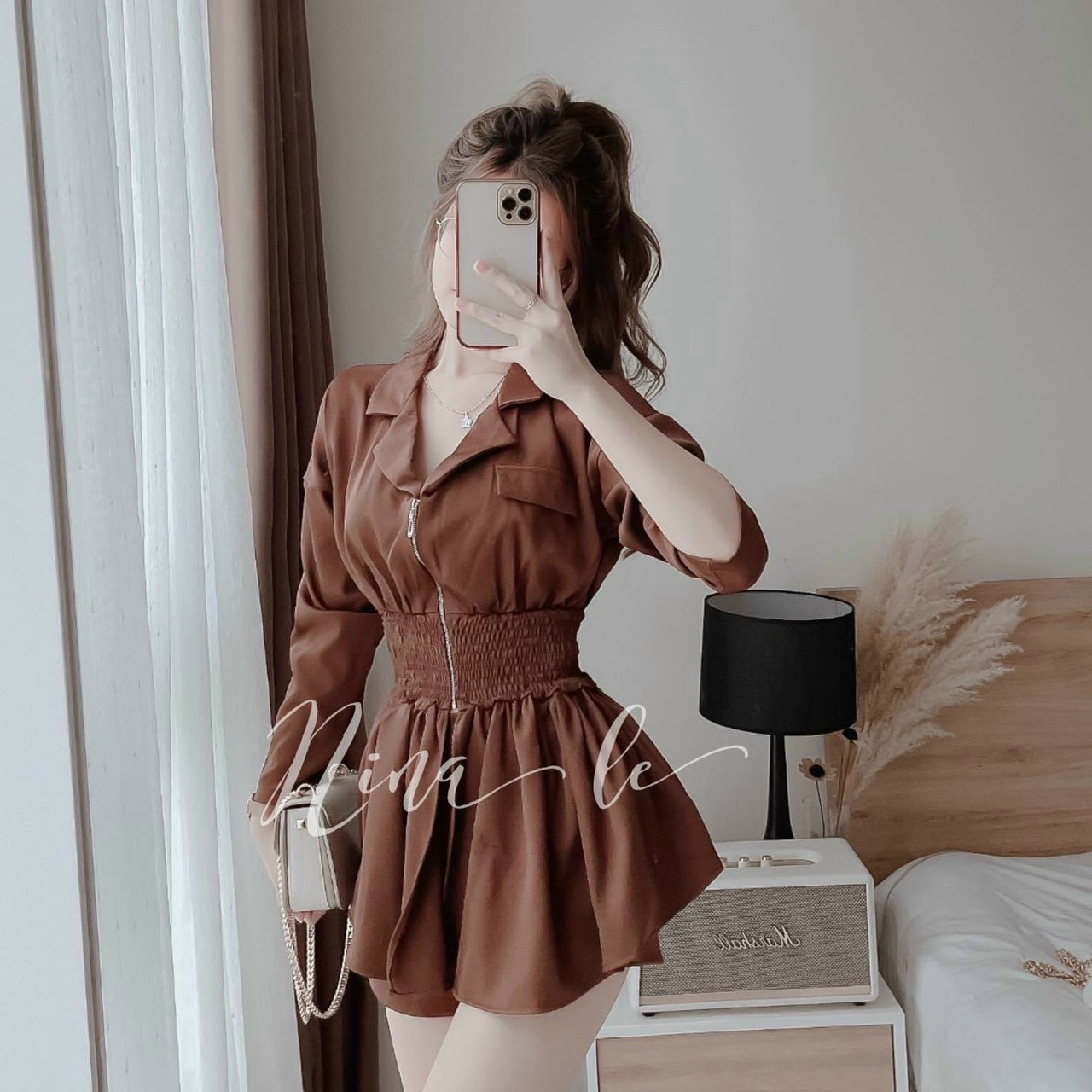 Sét bộ cổ sơmi dây kéo tay dài nhún eo