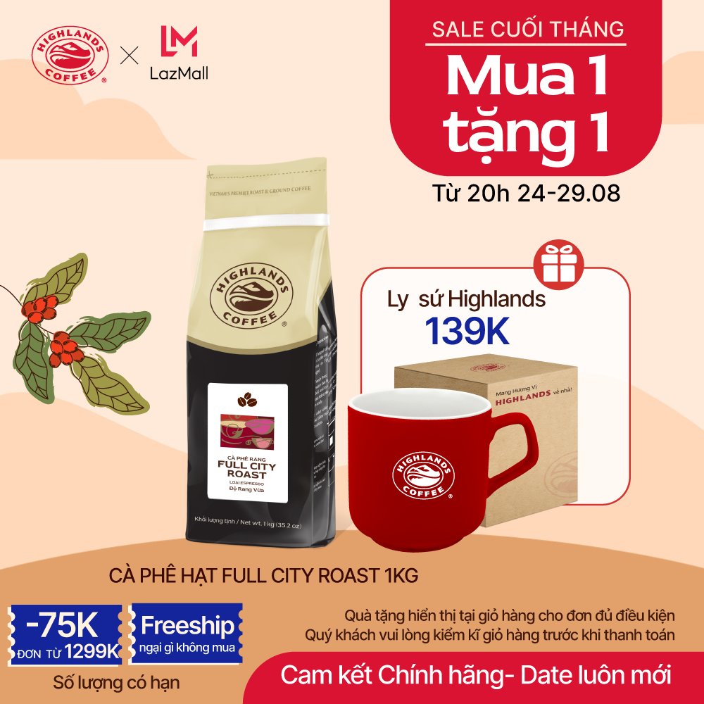 [Mua 1 tặng 1. Sale cuối tháng 24-29.08] Cà phê hạt Full City Roast Highlands Coffee 1kg (cà phê pha máy)
