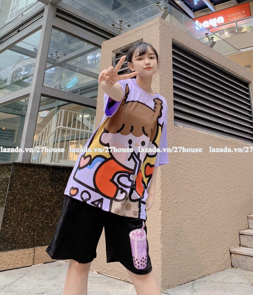 Đồ bộ nam nữ hoạt hình BÉ GÁI TRÀ SỮA Set đi chơi - mặc nhà form rộng 60kg Unisex Freesize Nam nữ mặc được Áo thun + Quần cartoon cute Thoáng mát 27HOUSE
