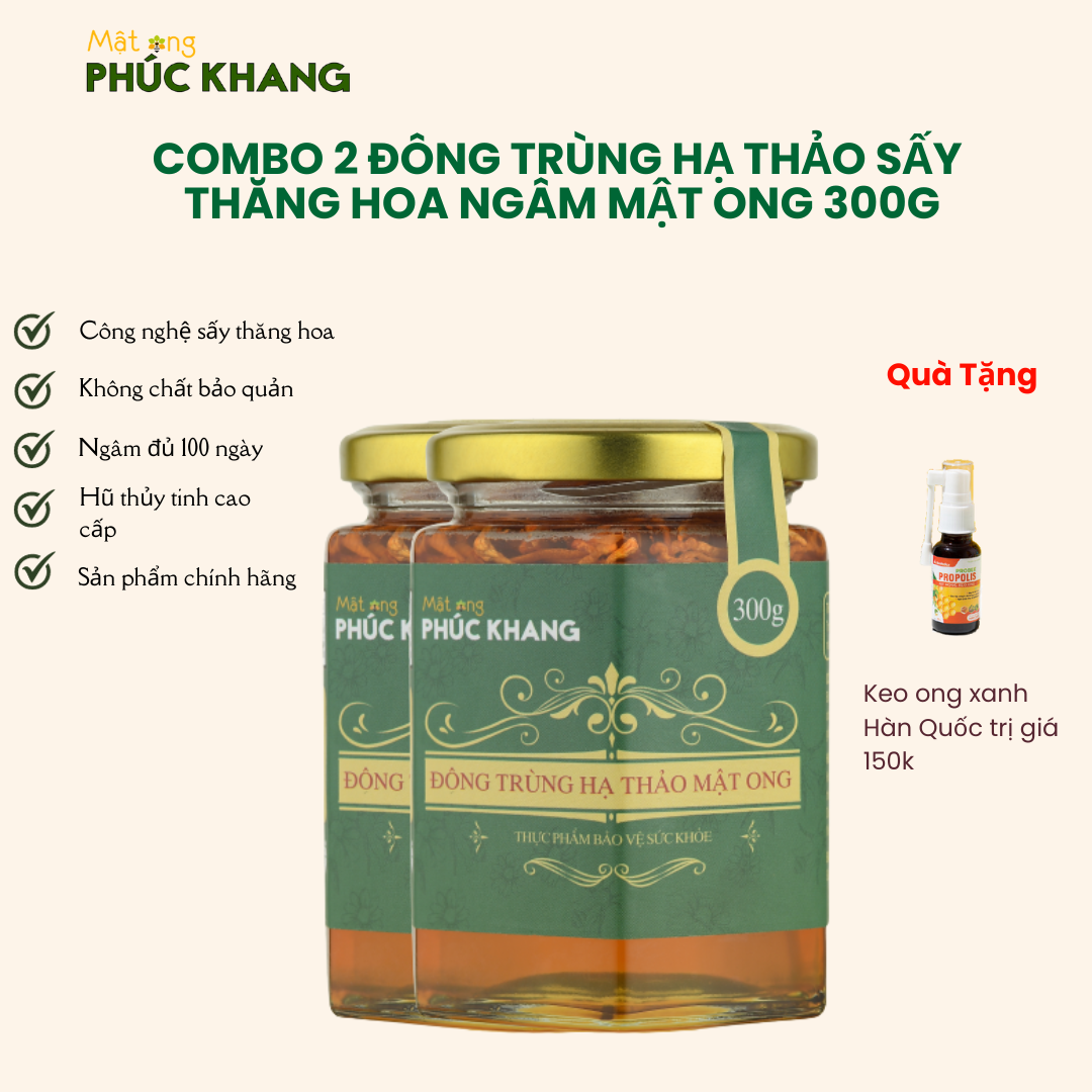 Combo 2 Đông trùng hạ thảo mật ong Phúc Khang 350GR- Tặng bình nước xương rồng Đông trùng hạ thảo khô sấy thăng hoa ngâm mật ong rừng , Ngăn lão hóa ,phòng ngừa ung thư ,tim mạch ...làm quà biếu , quà tặng
