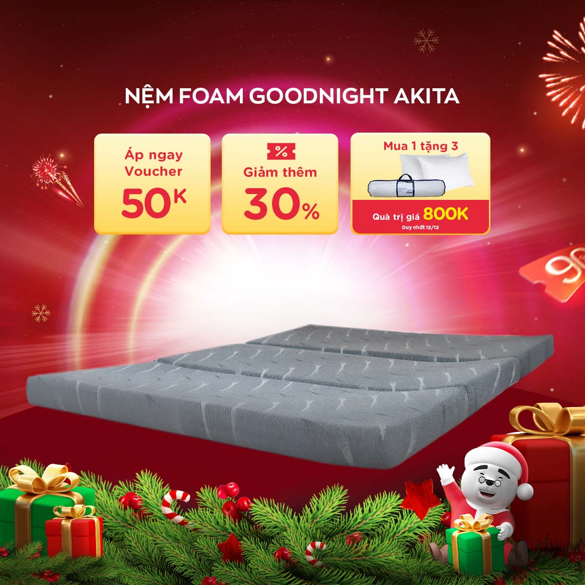 Nệm foam Goodnight Akita gấp 3 êm ái cải thiện tình trạng đau mỏi cột sống cuộn hút gọn nhẹ và dễ dàng di chuyển