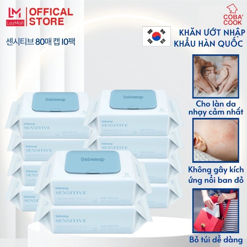 Combo 10 gói khăn ướt hàn quốc bebesup sensitive 80 tờ/gói