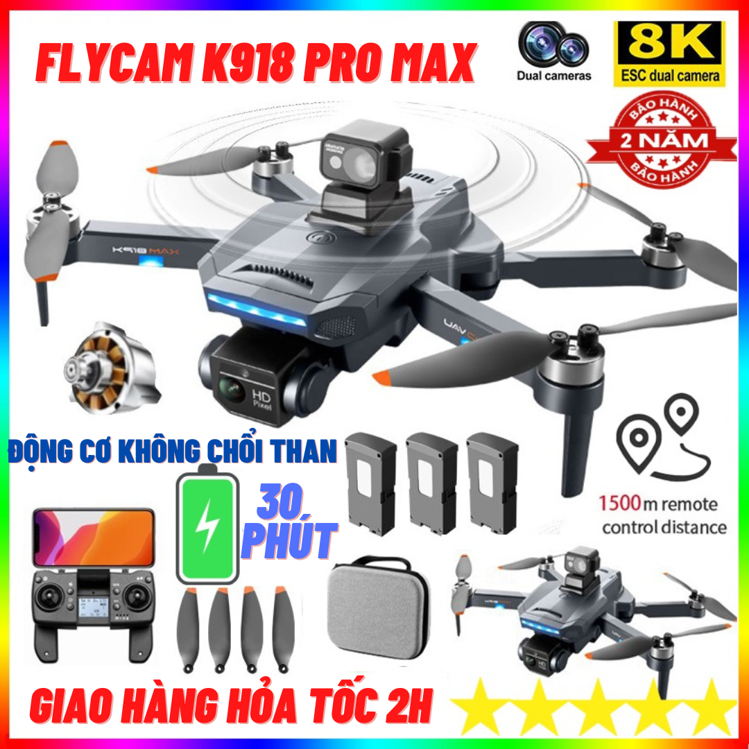 Flycam Drone Mini 8K K918 Max G.P.S Cảm Biến Tránh Vật Cản - Laycam điều khiển từ xa - Lai cam - Fly cam giá rẻ - Playcam - Phờ lai cam - Fylicam - Play camera Thời Gian Bay 30 Phút, Tầm Xa 2000m