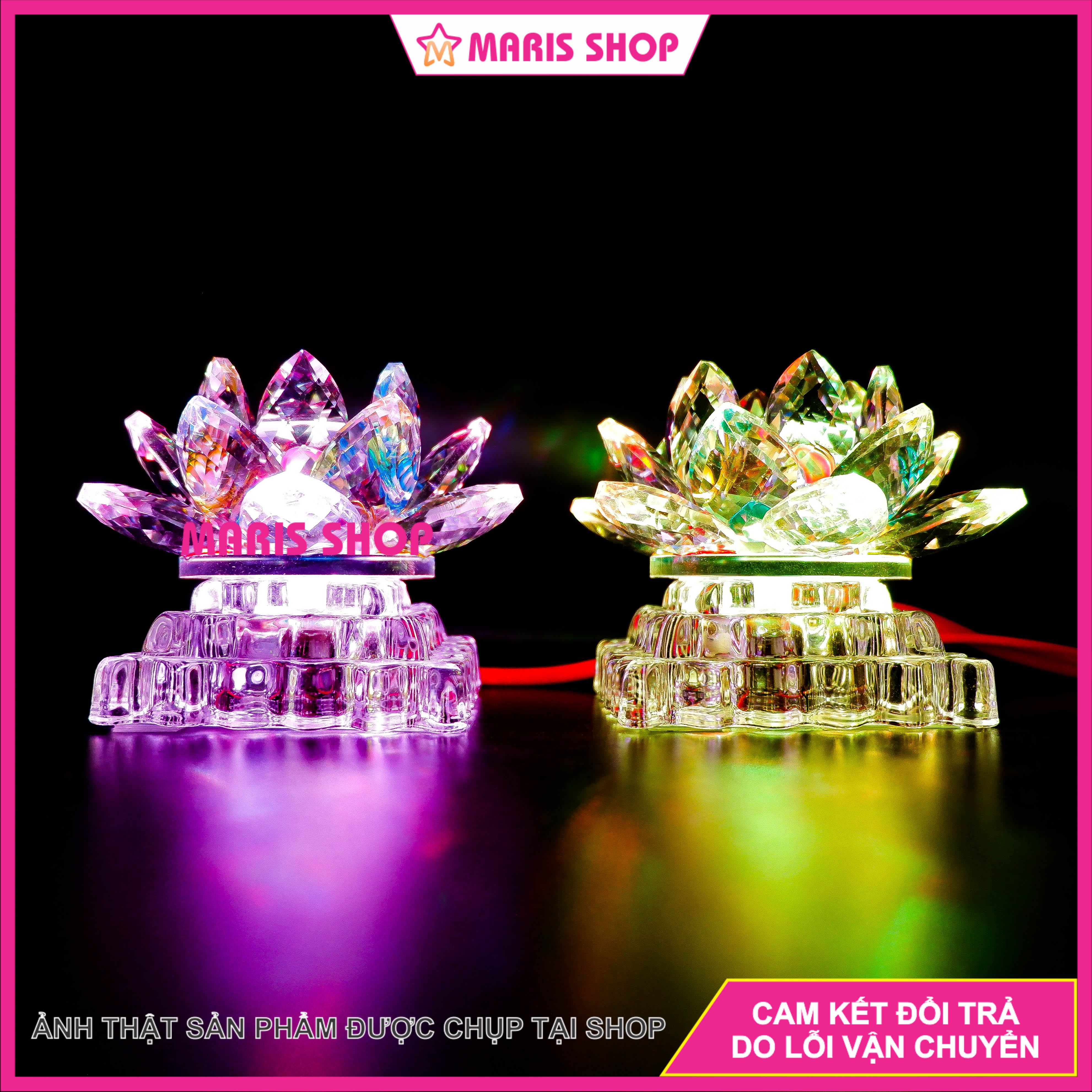 Một Cặp Đèn Thờ Hoa Sen Pha Lê Cao Cấp Ánh Sáng Đổi Nhiều Màu Sắc, Đèn Bàn Thờ Phật Giáo, Hoa Sen Pha Lê