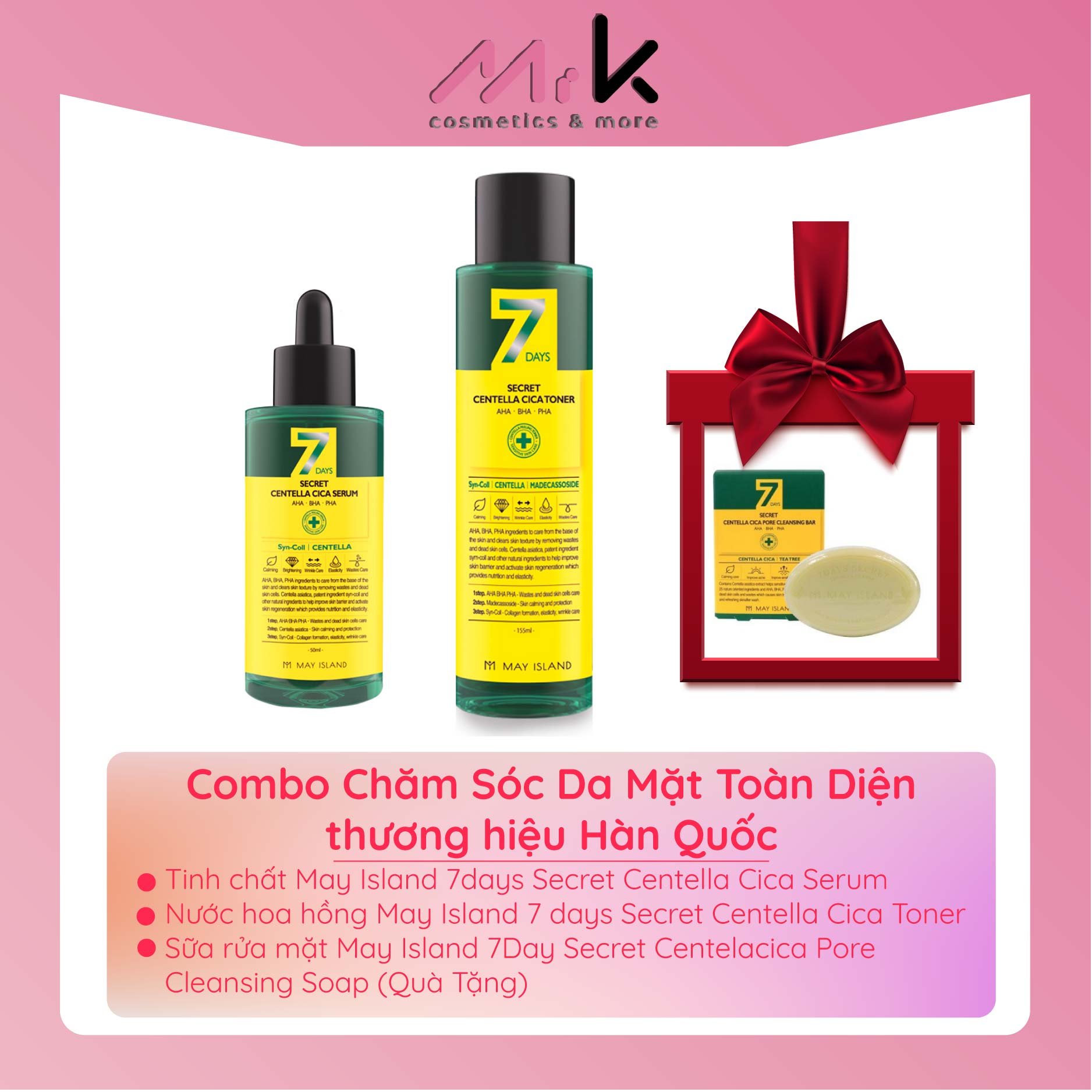 Combo chăm sóc da mặt toàn diện với Tinh chất rau má May Island 7days Secret Centella Cica Serum, Nước hoa hồng May Island 7days Secret Centella Cica Toner tặng kèm Sữa rửa mặt dạng bánh May Island 7Day Secret Centella cica pore cleansing soap