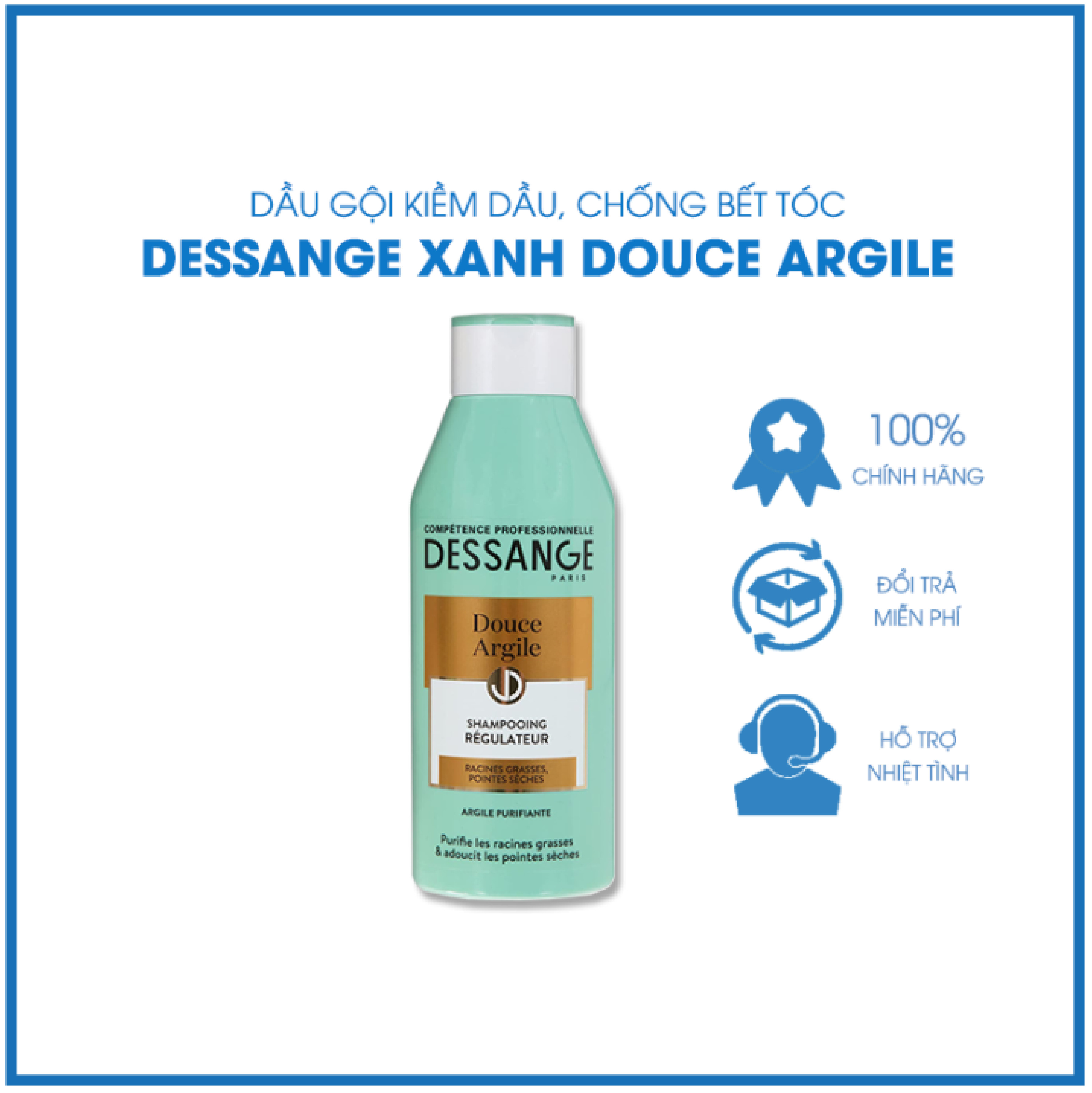Dầu gội Dessange douce argile 250ml kiềm dầu giảm hư tổn màu xanh xuất xứ Ý
