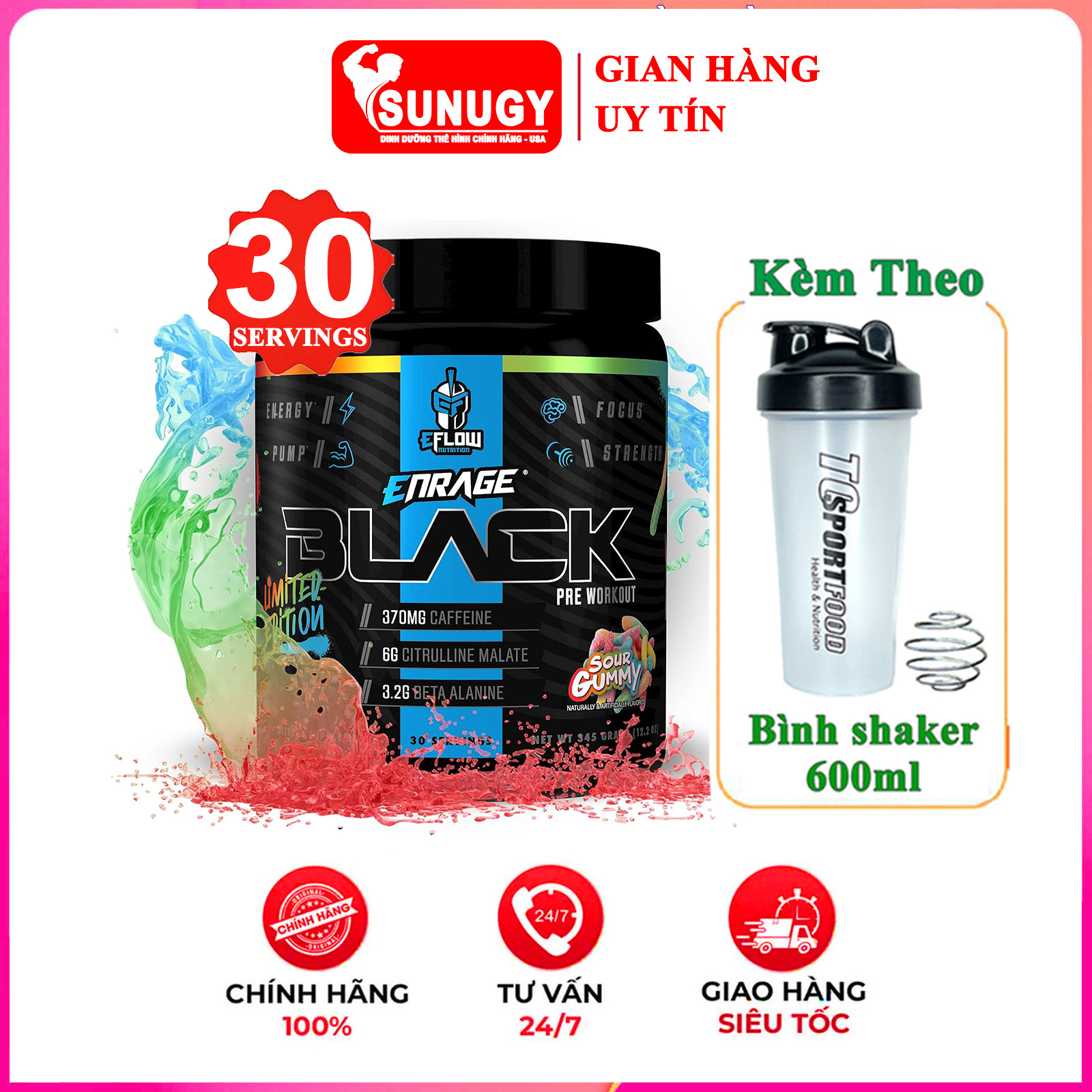 [TẶNG BÌNH] Preworkout tăng sức mạnh Enrage Black của Eflow Nutrition hỗ trợ tăng sức bền, tỉnh táo, tập trung - Chính hãng