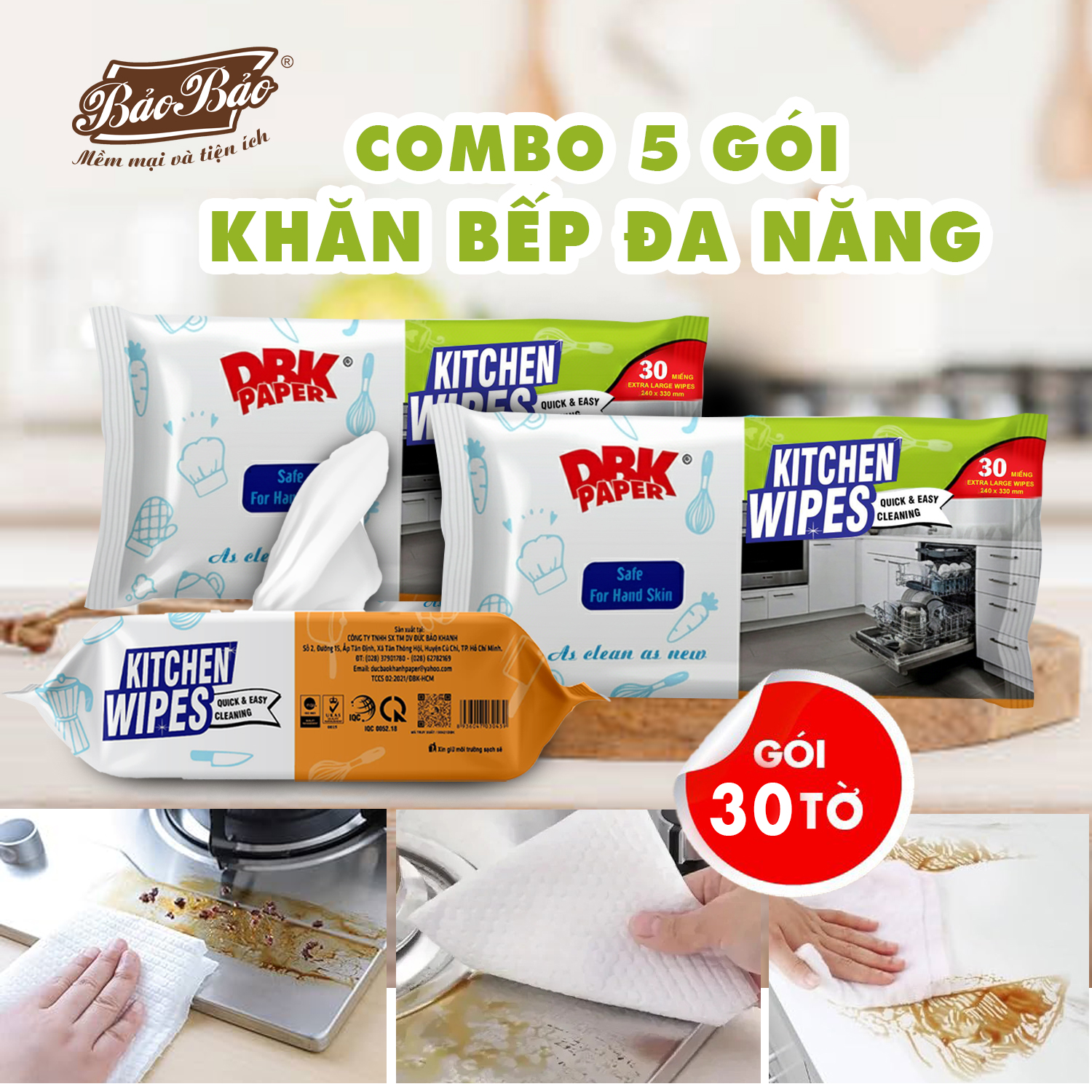 Combo 5 gói khăn ướt lau bếp đa năng Bảo Bảo 30 tờ (24*33) lau sạch dầu mỡ và khử mùi và kháng khuẩn