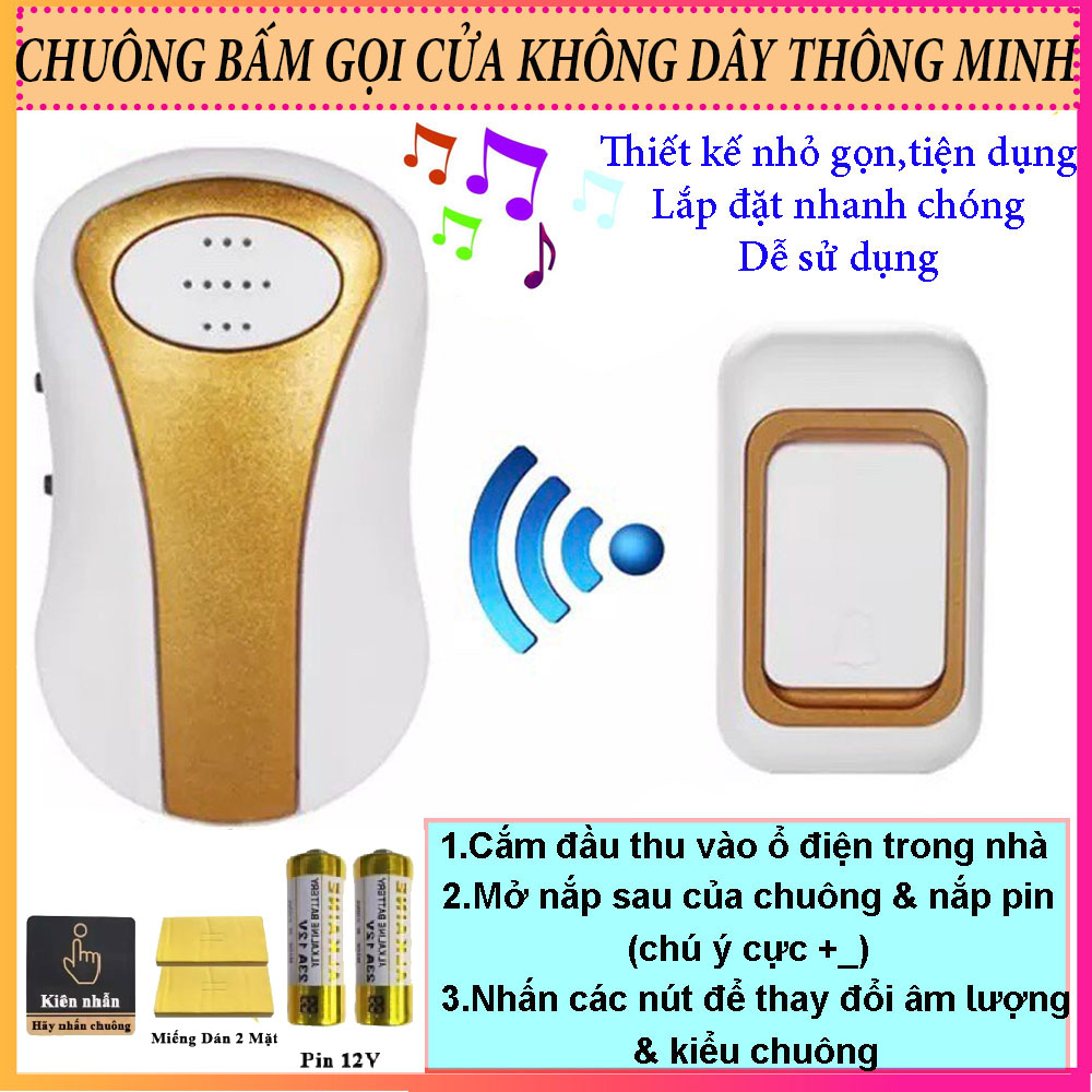 【New】Chuông Cửa Không Dây Thông Minh, Chuông Báo Khách Không Dây Khoảng Cách 50m, 32 Kiểu Chuông, Với 3 Mức Âm Lượng Khác Nhau, Thiết Kế Nhỏ Gọn Thông Minh, Chuông Cửa Điện Tử Điều Khiển Từ Xa 1-1 Cực Tốt. BẢO HÀNH 1 ĐỔI 1