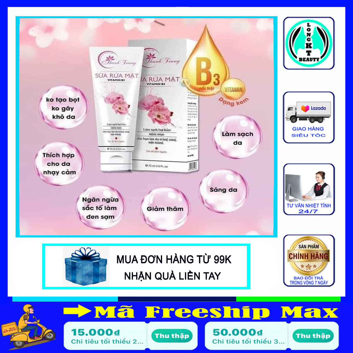 Chính hãng - sữa rửa mặt vitamin b3 thanh trang