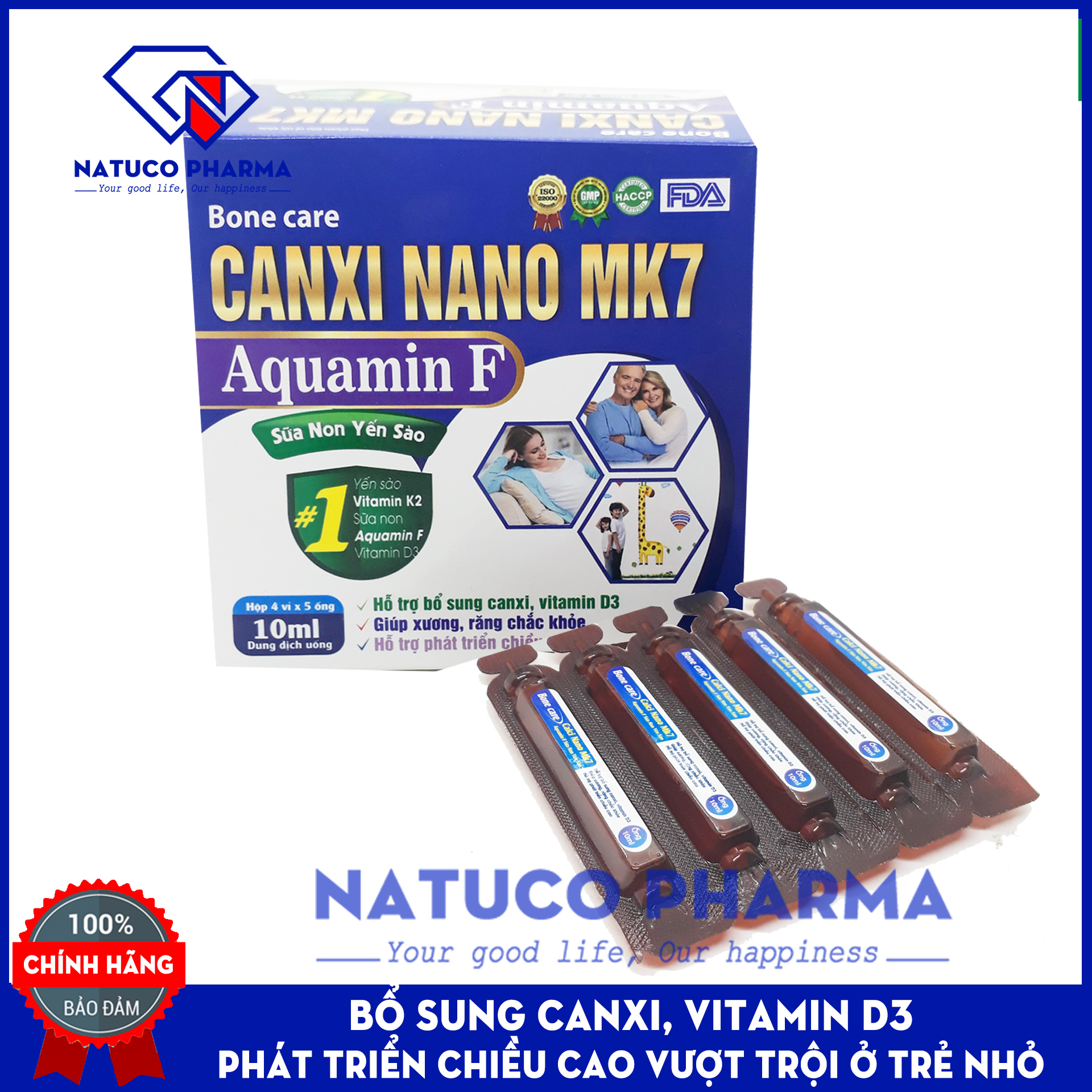Canxi cho trẻ từ 6 tháng tuổi Bone Care Canxi Nano MK7 Aquamin F - Bổ sung canxi từ tảo biển, vitamin D3 giúp Phát triển chiều cao, răng chắc khỏe, ngăn ngừa loãng xương - Hộp 20 ống 10ml