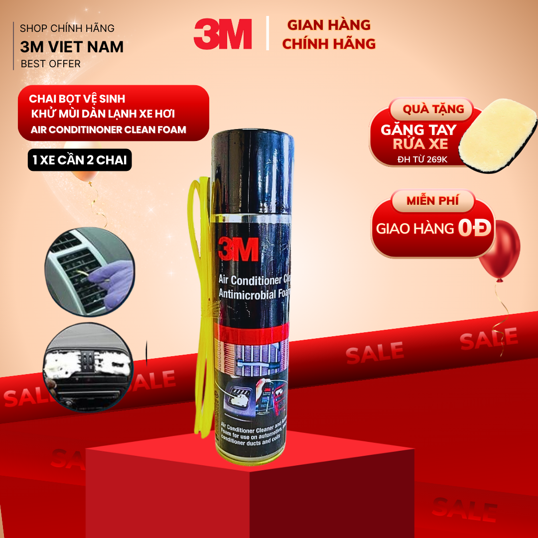Dung Dich Vệ Sinh Dàn Lạnh Ô Tô dạng bọt 3M™ Air Conditioner Cleaner Foam 120g  - Khử mùi, vệ sinh dàn lạnh lâu ngày (Dùng được cho máy điều hòa gia đình) - 1 xe cần 2 chai