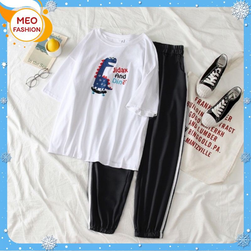 [HAN HAN SHOP 310] Sét Bộ Đồ Nữ Xinh Cute, Áo Thun Phông Trắng Cotton Organic Ngắn Tay Cổ Tròn In Em Bé Nasty+Quần Thun Sọc Bo Gấu
