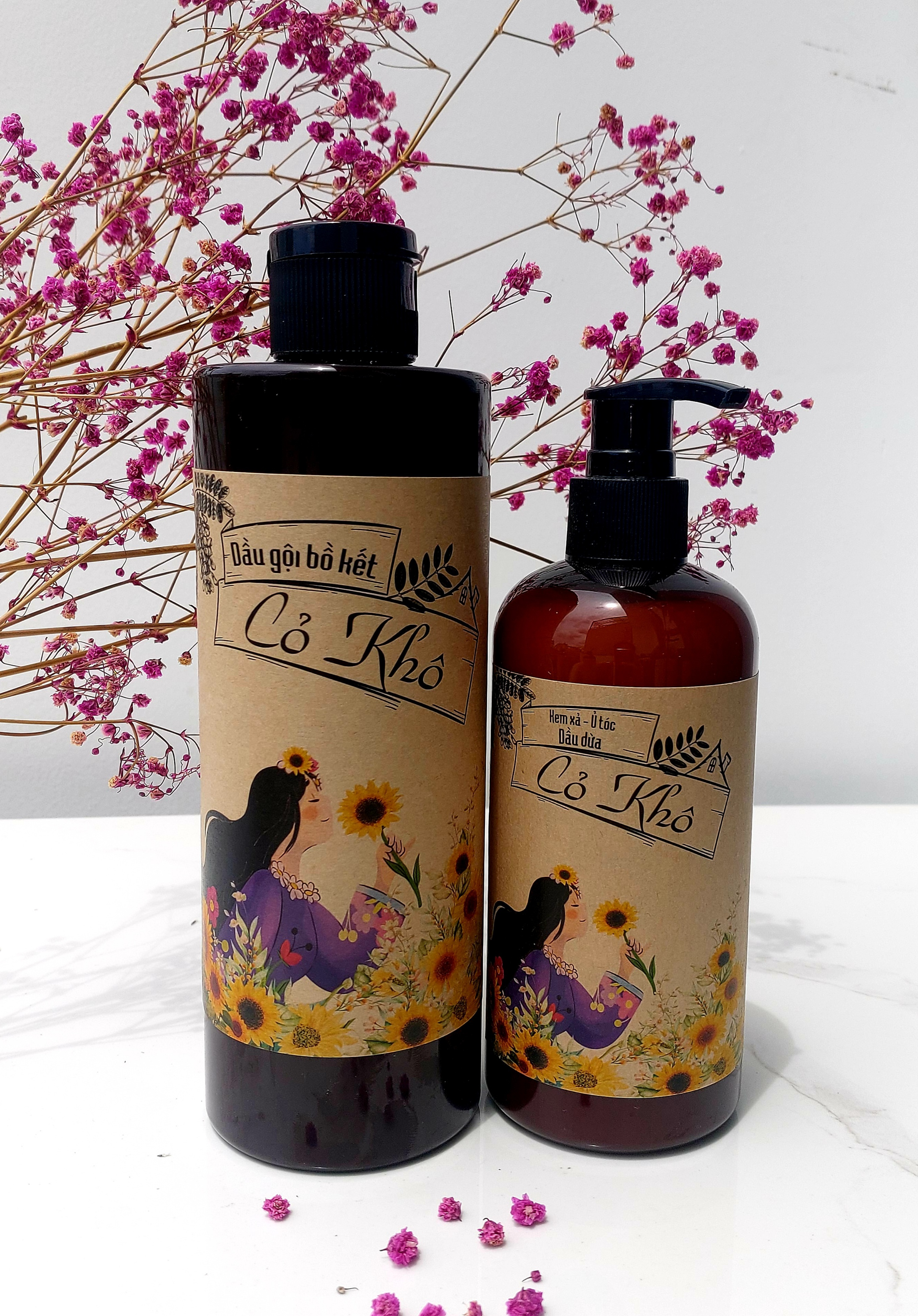 Bộ đôi dầu gội bồ kết cỏ khô 500ml + kem ủ- xả tóc từ dầu dừa cỏ khô 300ml