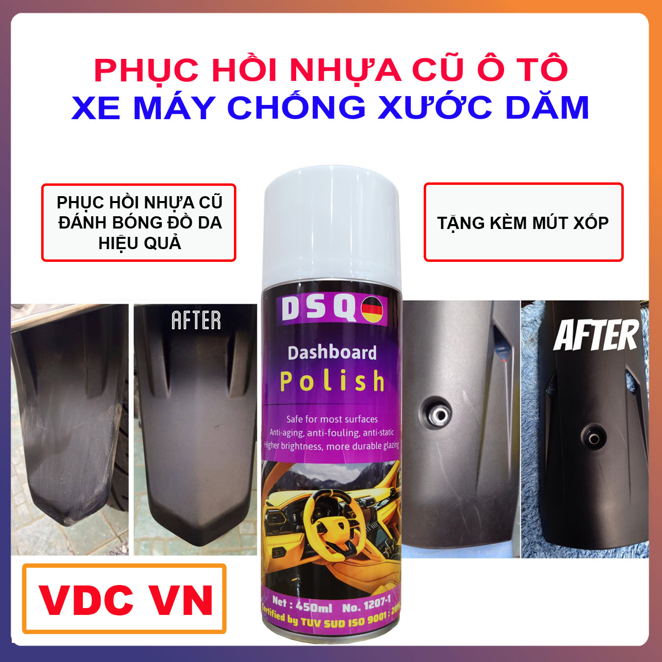 [SÁNG BÓNG] Chai Xịt Dưỡng Nhựa Nhám Ô Tô, Xe Máy – Bình Dung Dịch Phục Hồi, Làm Mới Ghế Da, Nội Thất Xe Hơi – Chai Xịt Chống Lão Hóa Nhựa Nhám, Ghế Da, Sofa - DSQ DASHBOARD SPRAY 450ML-TAOBAOVDCVN