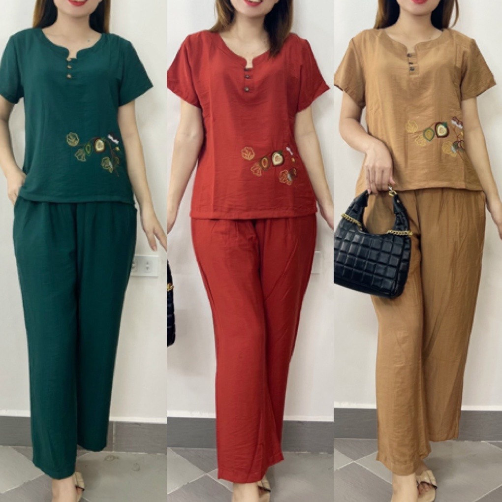 Bộ Đũi xước tay cộc quần dài cho Mẹ hoa dây nhỏ cho Mẹ cho Bà