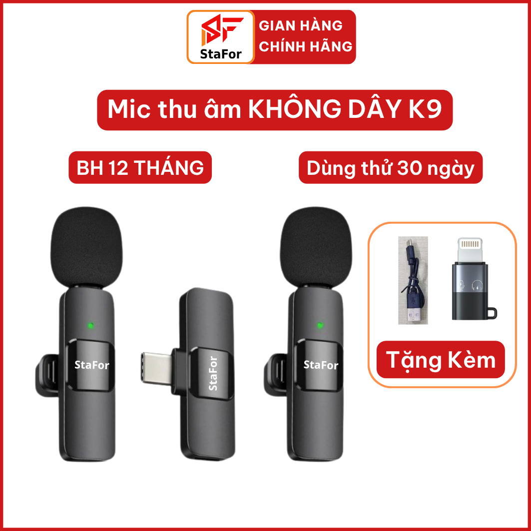 Micro Thu Âm Không Dây Cài Áo K9, Lọc Tiếng Ồn, Thu Âm, Livestreamm Quay Video Cho Điện Thoại, Laptop, PC. S161