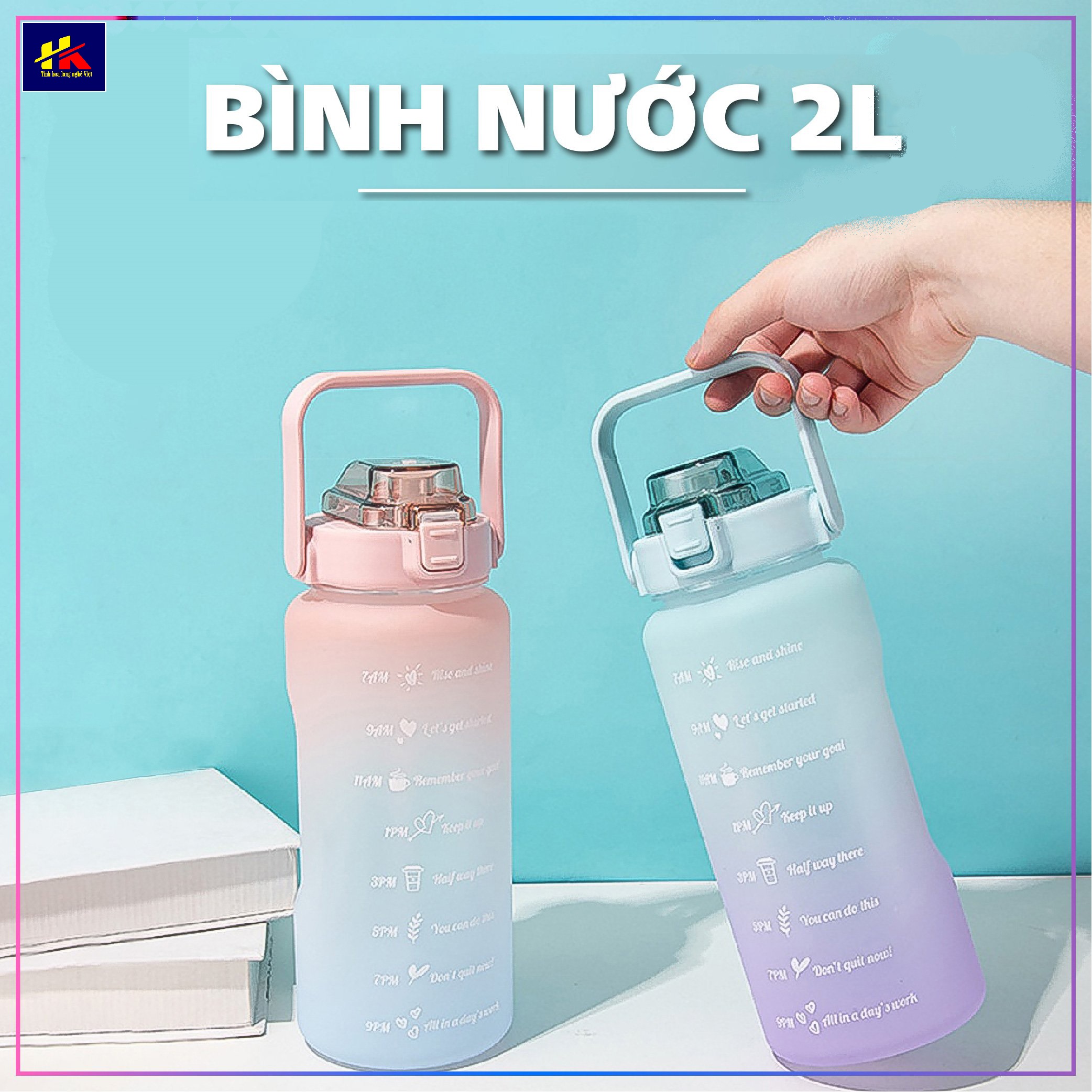 Bình nước 2000ml có ống hút và vạch chia nhắc giờ, Bình nước 2l dành cho người lười uống nước cute