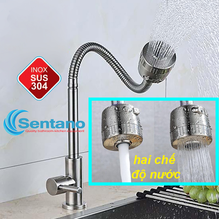 [SALE RẺ]Vòi rửa chén bát lạnh inox 304 SENTANO thiết kế đầu phun 2 chế độ cần vòi mềm uốn linh hoạt xoay 360 tiện lợi