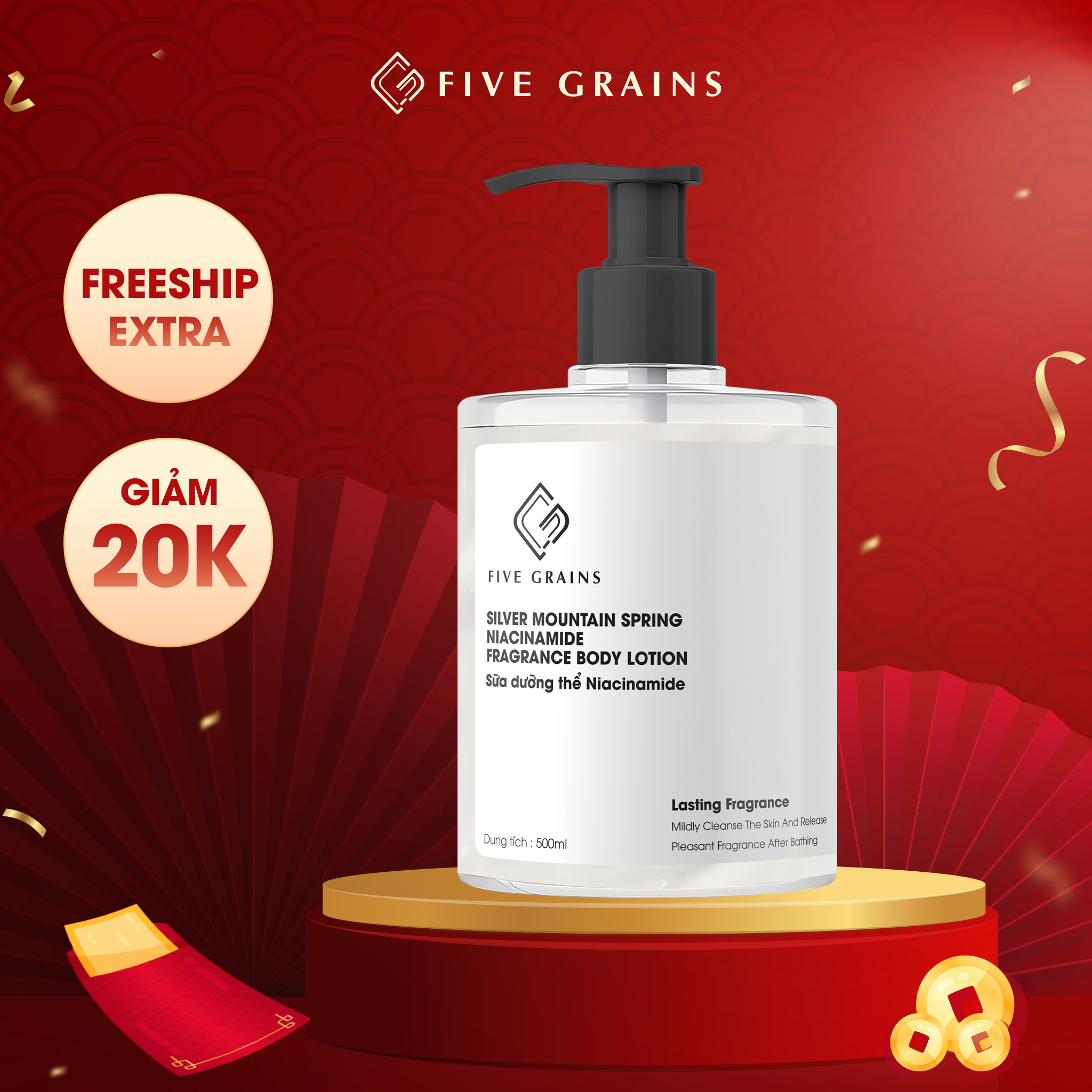 Sữa dưỡng thể dưỡng ẩm làm trắng niacinamide five grains - unisex 500ml