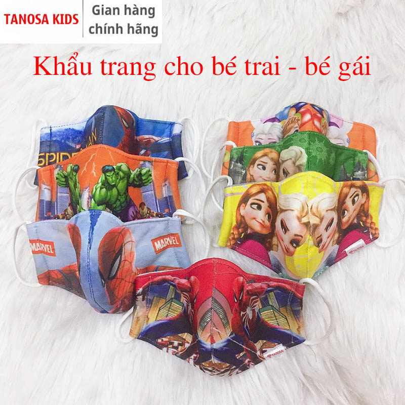 TANOSA Combo 2 Khẩu trang vải hoạt hình cho bé 3 lớp loại đẹp dày dặn nhiều mẫu siêu nhân, nhện, công chúa