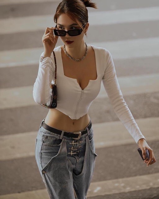 Áo croptop nữ kiểu phối khóa kéo dài tay chất vải thun borip