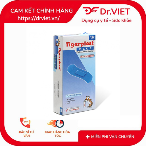 Băng keo cá nhân kim loại TigerPlast Blue chuyên dùng bảo vệ da, bảo vệ vết thương hiệu quả, an toàn khi sử dụng hộp 100 miếng, tiện lợi cho gia đình