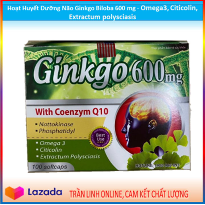 Hoạt Huyết Dưỡng Não Ginkgo Biloba 600 mg  .Tăng Cường Tuần Hoàn Máu Não. Giúp Cải Thiện Trí Nhớ. Withcoenzym Q10 –Omega3, Citicolin, Extractum polysciasis( mẫu 01)