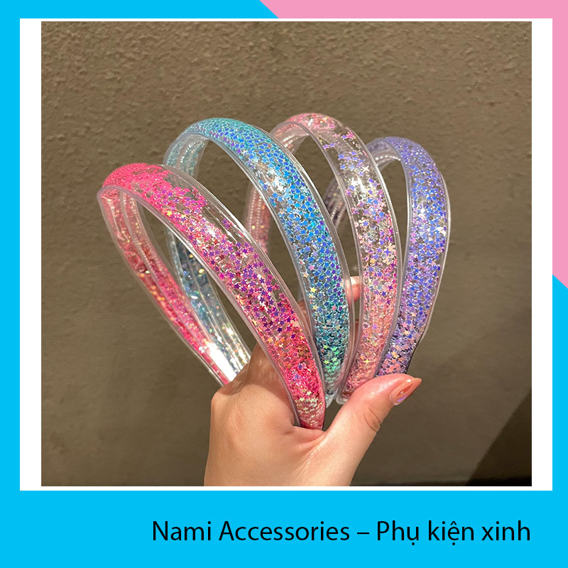 Bờm kim tuyến nhũ nhiều màu trong suốt, băng đô cài tóc nhũ lấp lánh