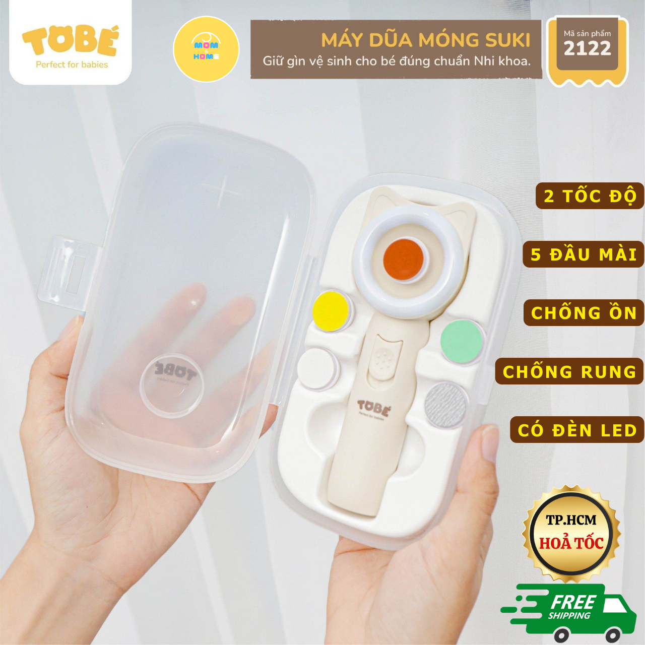 Máy Dũa Móng Tay Cho Bé TOBÉ Suki MS 2122 - 2 Tốc Độ, 5 Đầu Mài, Sử Dụng An Toàn Cho Bé, Có đèn led ban đêm - Mom and Home