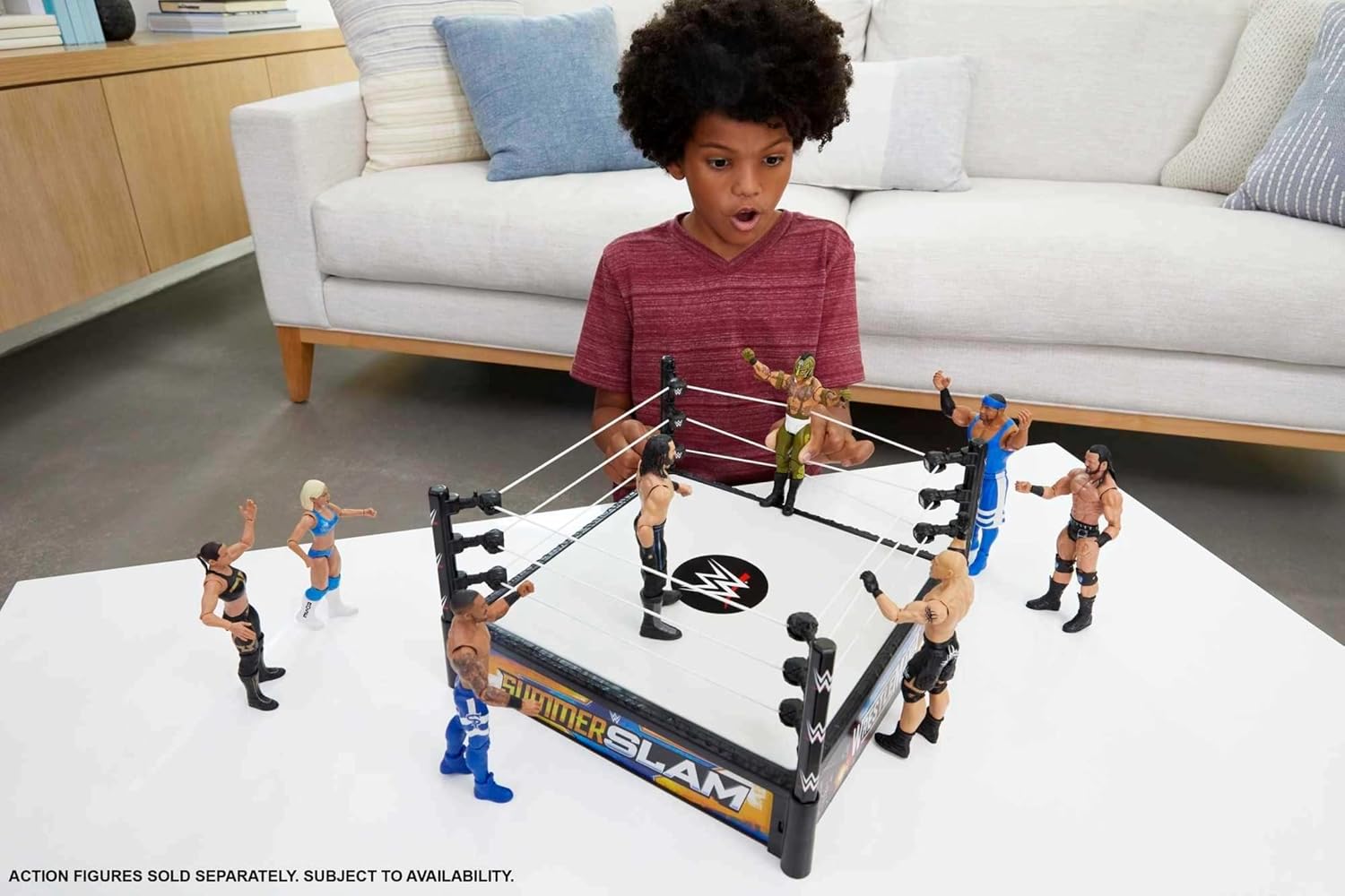 Mat WWE Superstar Ring, 14 inch với mùa xuân-nạp mat, 4 tổ chức sự kiện Tạp dề Stickers & Pro-căng thẳng dây thừng cho WWE 6-inch hành động con số