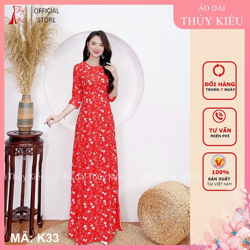 Áo dài nữ may sẵn thiết kế hoa nhí đẹp cách tân tết nền đỏ K33 Thúy Kiều mềm mại, co giãn, áo dài giá rẻ