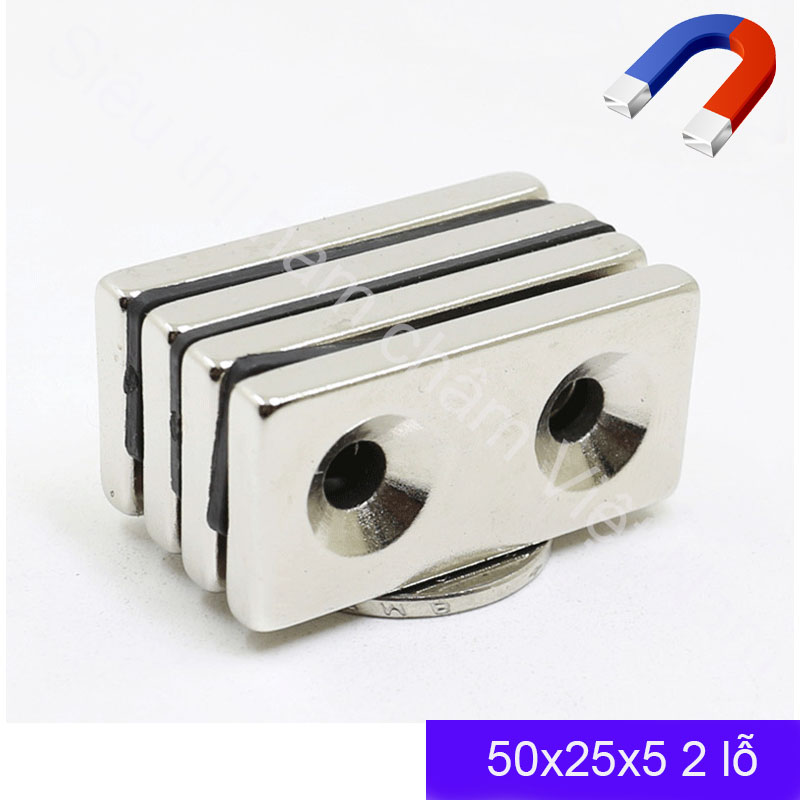 Nam châm có 2 lỗ bắt vít lực từ mạnh kích thước 50x25x5mm