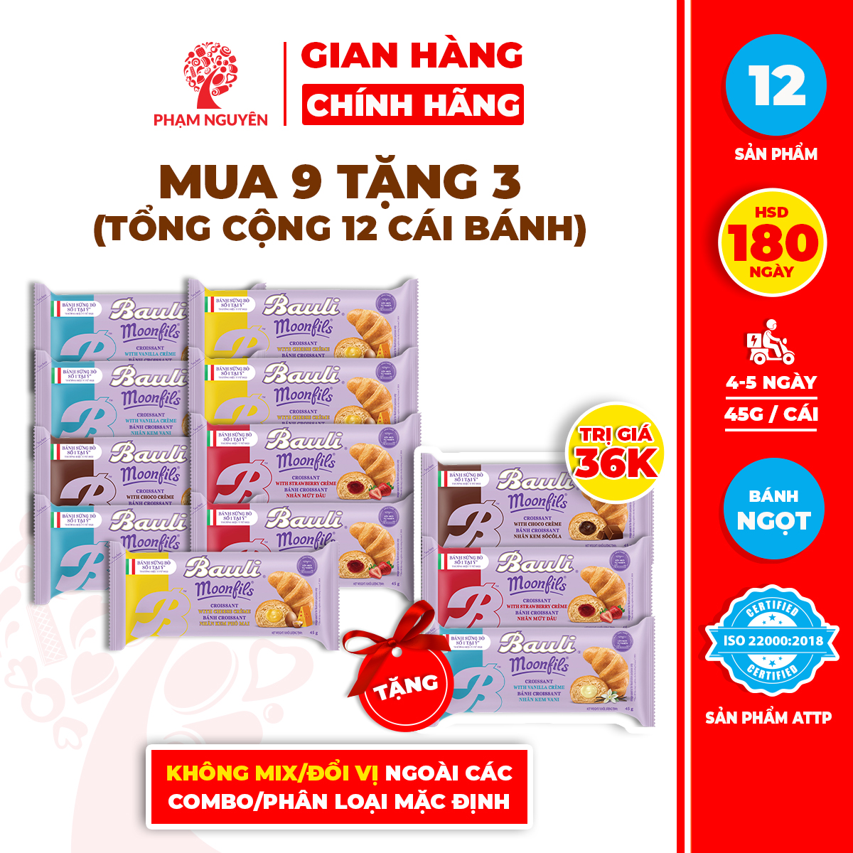 MUA 8 TẶNG 4 | Tổng cộng 12 Bánh Sừng Bò Bauli Moonfils 45g | Bánh ăn sáng | Đồ ăn vặt
