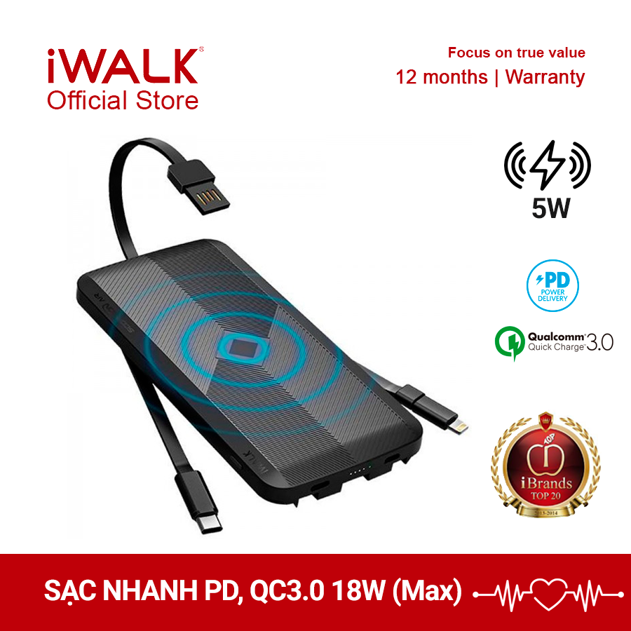 Pin sạc dự phòng iWALK UBA12000, kiêm sạc không dây 5W, hỗ trợ sạc nhanh PD, QC3.0