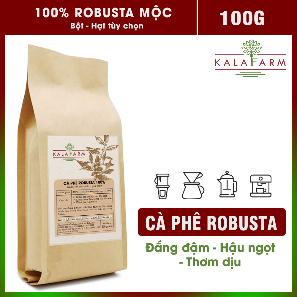 100g Cà phê Robusta rang mộc nguyên chất 100% Kalafarm Gu Truyền thống vị